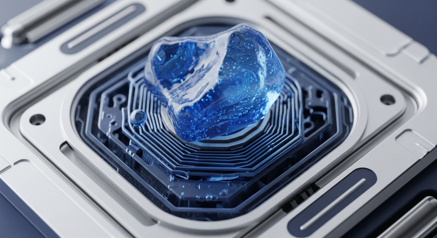 A translucent, vibrant blue substance rests centrally on a multi-layered hexagonal circuit board, which is integrated into a sleek, metallic, and modular framework. The composition emphasizes intricate technological components and a core element, rendered with a futuristic aesthetic