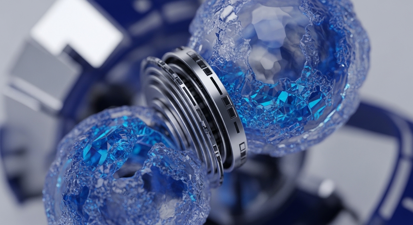 Two distinct, vibrant blue crystalline spheres, resembling faceted ice or gemstones, are prominently featured, connected by an intricate metallic ring structure. The spheres possess a textured, irregular surface, contrasting with the smooth, detailed engineering of the central mechanism