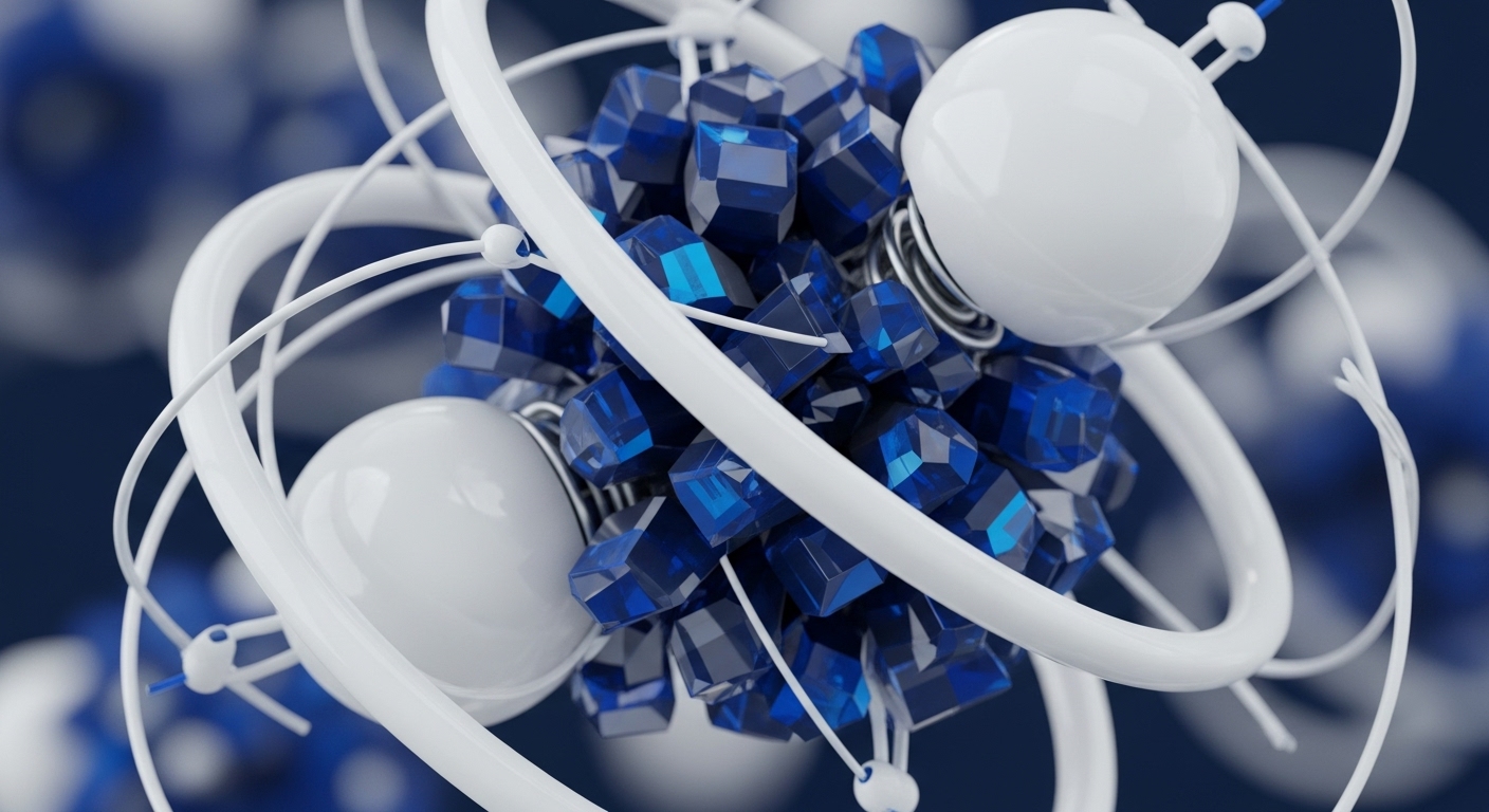 A visually striking abstract image displays a dense cluster of faceted, translucent dark blue cubes at its core. Surrounding and interwoven with these cubes are smooth, glossy white spheres and thick, curving white rings, interconnected by delicate white lines