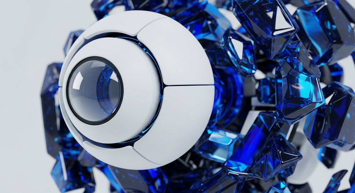 A pristine white spherical module, featuring a transparent lens, functions as a blockchain oracle for data ingestion. Its segmented panels, accented by subtle blue luminescence, suggest internal smart contract execution logic. This core is intricately integrated within a dynamic array of deep blue, fragmented crystalline forms, representing elements of a Distributed Ledger Technology DLT network. These angular structures could symbolize cryptographic hash functions securing data shards, contributing to a robust consensus mechanism. The clean, high-tech composition against a white backdrop emphasizes secure, decentralized processing.