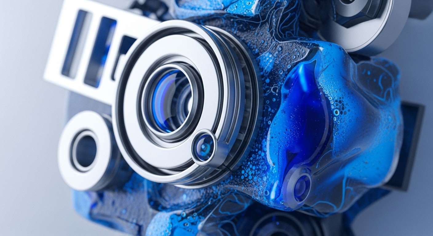 A high-fidelity metallic and translucent blue mechanism features multiple optical lenses, suggesting advanced data capture and processing. The intricate blue texture, resembling fluid dynamics or complex circuitry, encapsulates a core DLT infrastructure component. This system likely performs verifiable computation, integrating cryptographic primitives for secure data feeds. Its design evokes a sophisticated decentralized oracle facilitating robust smart contract execution within a blockchain network, ensuring data integrity and trustless operations.
