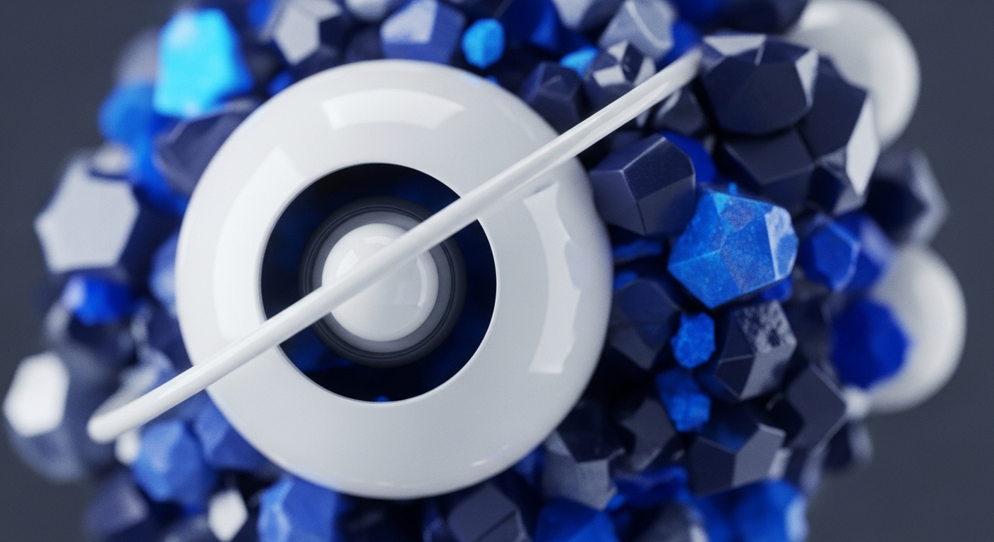 A stark white sphere, intersected by a slender white rod, is enveloped by a dense arrangement of multifaceted dark blue and vibrant blue crystalline structures. This composition evokes the intricate workings of blockchain oracles, essential components for connecting smart contracts to real-world data