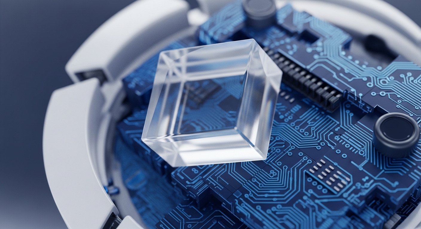 A clear cubic prism is positioned on a detailed blue printed circuit board, highlighting the intersection of physical optics and digital infrastructure. The circuit board's complex traces and components evoke the intricate design of blockchain networks and the flow of transactional data