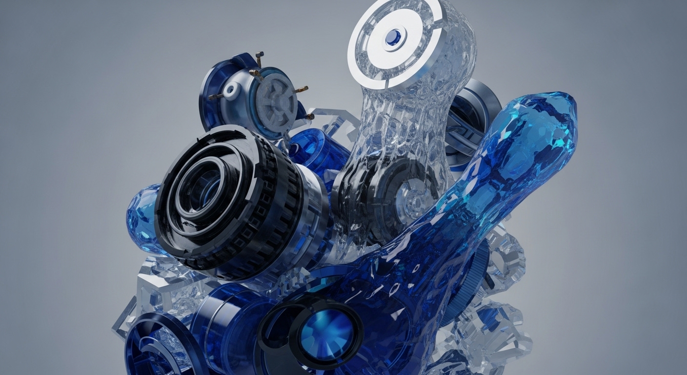 Intricate network infrastructure components feature transparent crystalline structures alongside metallic and dark blue mechanical elements. This visual metaphor illustrates the underlying complexity of a decentralized ledger, showcasing cryptographic primitives and smart contract architecture. Transparent forms symbolize data integrity and on-chain transparency, while interconnected mechanisms represent consensus protocols and node synchronization crucial for network security and scalability solutions.