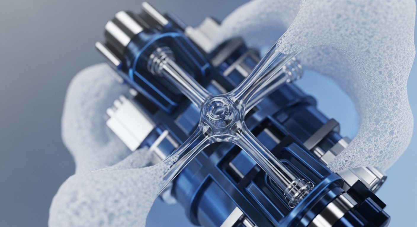 A sophisticated blue and silver mechanical core with a transparent, four-pronged central structure is partially enveloped by a textured, white, porous substance. The intricate design showcases internal mechanisms and clear pathways, highlighting a dynamic operational system