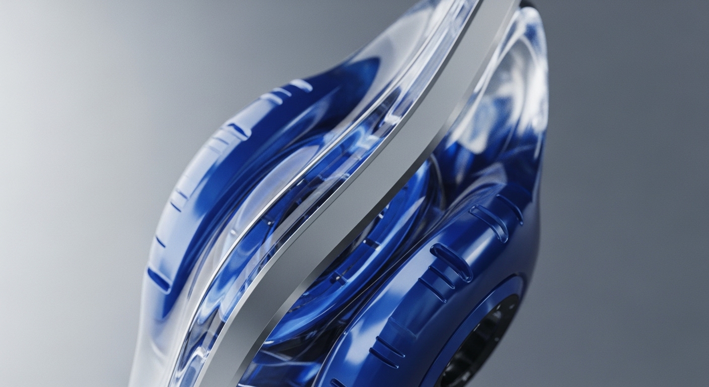 A sleek, futuristic blue and transparent object is depicted against a gradient grey background. Its smooth, layered forms suggest intricate internal blockchain architecture and protocol layers. Visible through the clear sections are complex cryptographic primitives and consensus mechanisms, hinting at the underlying computational integrity. The metallic grey band separating the sections emphasizes structural precision, reflecting a decentralized ledger system's robust design. The overall aesthetic conveys advanced Web3 infrastructure.