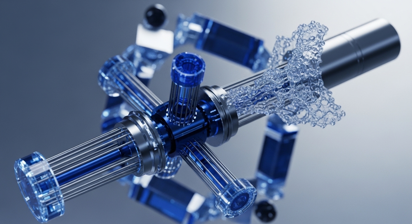 A futuristic transparent and metallic modular system illustrates intricate blockchain network infrastructure, featuring blue illuminated conduits and reflective metallic components. A dynamic stream of effervescent data packets emanates from a central hub, symbolizing complex decentralized mechanisms and efficient data flow within a distributed ledger