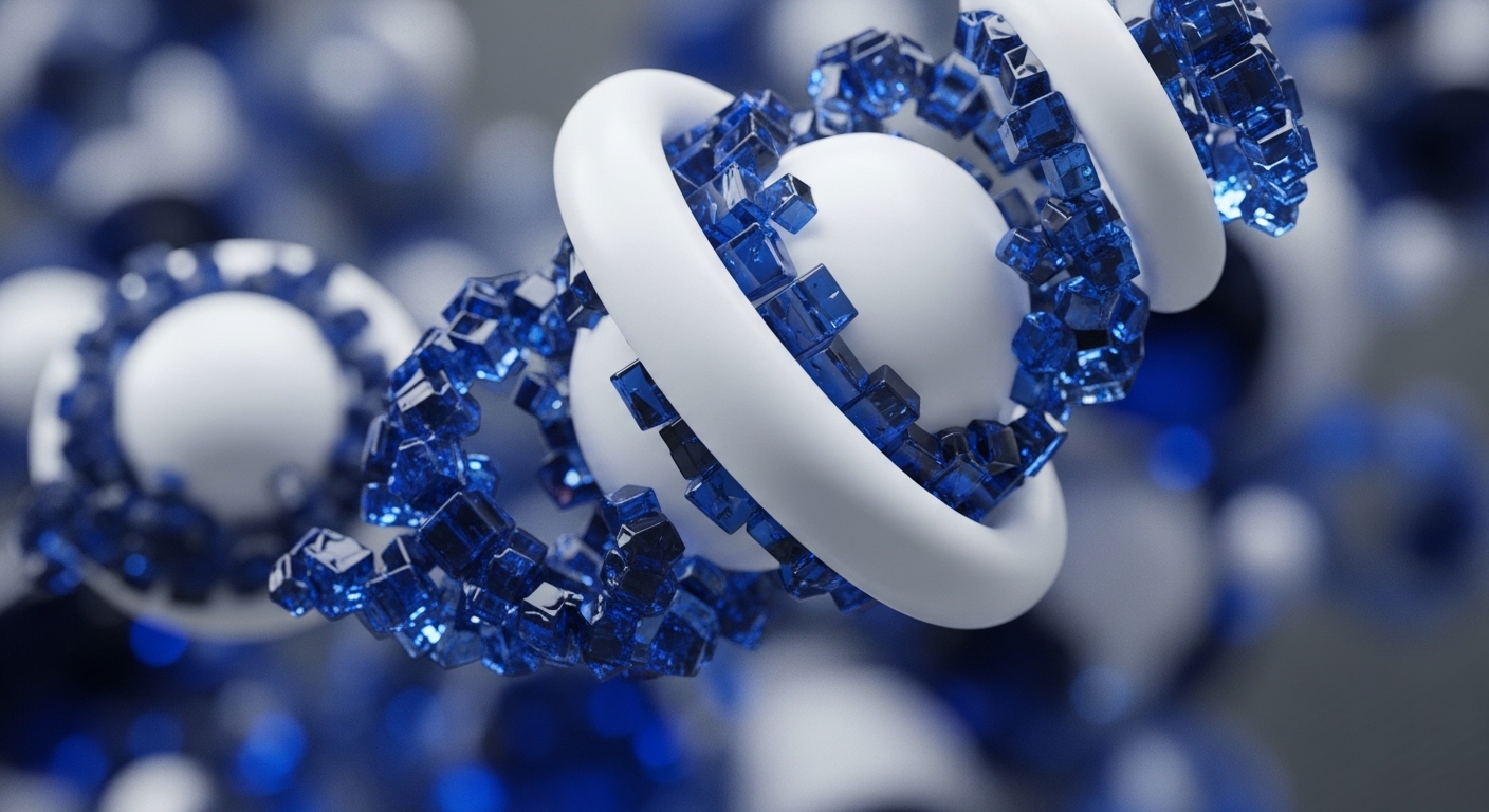 The image displays a series of white spheres and toroidal rings intricately linked by countless translucent blue cubic elements, forming a complex, elongated structure. The background features blurred similar elements, enhancing the depth and focus on the primary arrangement