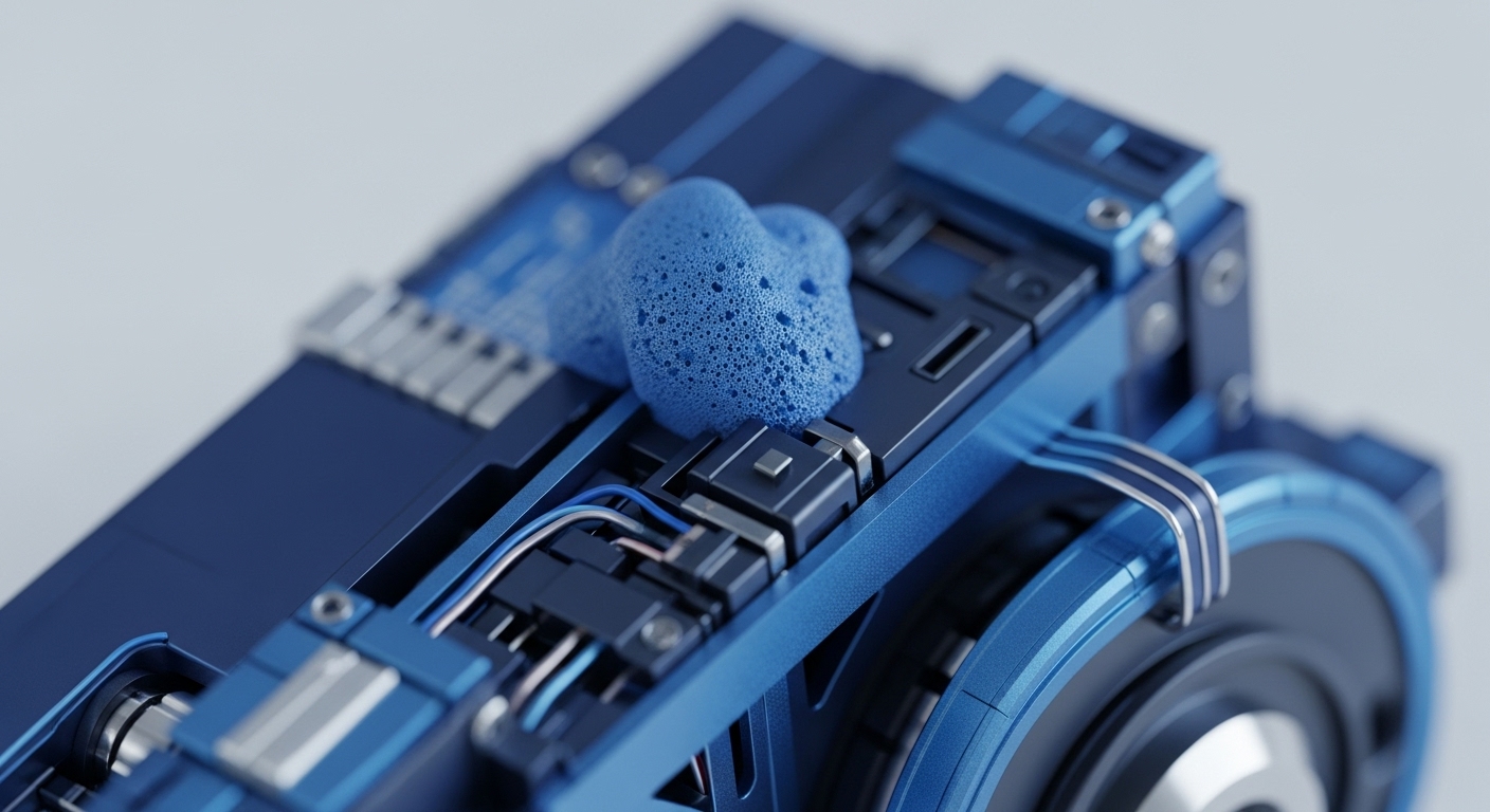 The image displays a detailed blue metallic mechanism with a cluster of blue foam resting on its surface. This visual composition can be interpreted as representing the intricate architecture of blockchain protocols, where the foam symbolizes data or digital assets that are either being processed, secured, or potentially compromised within the network