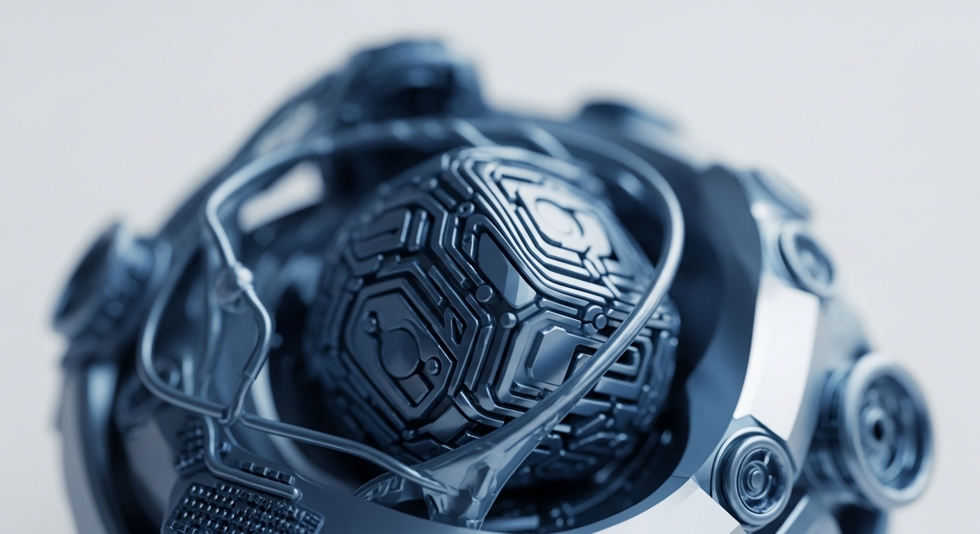 A highly detailed, metallic, spherical object with intricate, layered geometric patterns resembling circuit board pathways dominates the frame. This abstract representation evokes the complex architecture of blockchain protocols and the cryptographic mechanisms underpinning digital assets. The interlocking, polished components suggest interoperability between different ledger systems and the secure storage of value within a decentralized ecosystem, mirroring the robust nature of robust crypto frameworks.