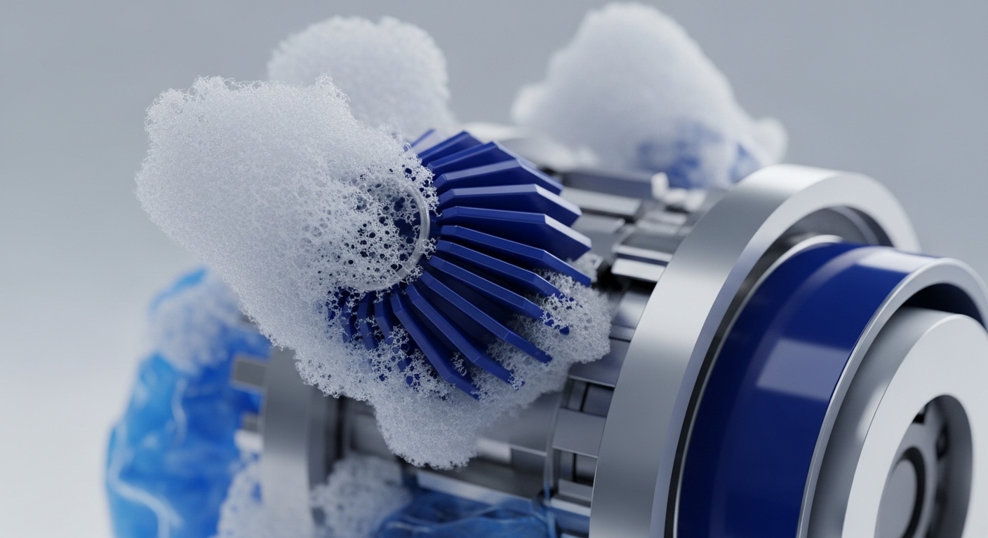 The image presents a detailed close-up of a blue gear with angled teeth, intricately engaged with metallic bearing structures. A white, foamy substance partially covers the gear and surrounding components, suggesting a process of cleansing or lubrication for operational efficiency