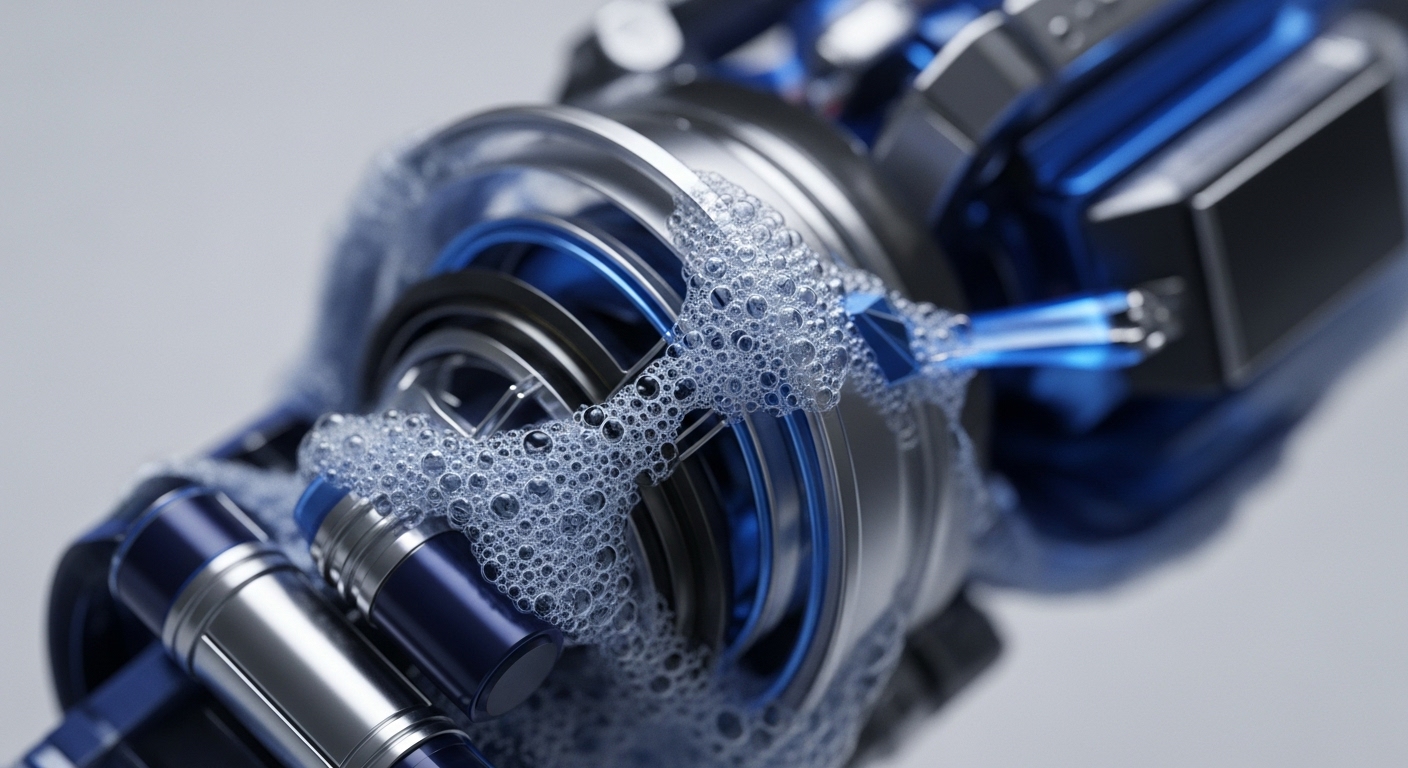 Intricate silver and deep blue metallic components are shown being thoroughly cleaned by a frothy, bubbly liquid, with a precise blue stream actively flowing into the mechanism. This close-up highlights the detailed interaction of elements within a complex system