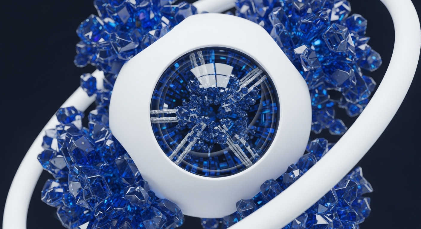 The image showcases a striking visual metaphor for advanced blockchain architecture, centered around a sophisticated white module with a reflective, blue-tinted circular lens. Within this lens, an intricate, fractal arrangement of blue crystalline structures and radiating white supports visually interprets a complex consensus mechanism or smart contract execution environment, reflecting the precision of cryptographic primitives