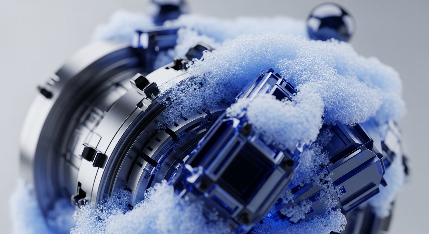 An intricate mechanical assembly featuring polished metallic components and dark blue crystalline structures is partially enveloped by a light blue, frothy, granular substance. A blurred, reflective sphere appears in the background, adding depth to the complex arrangement