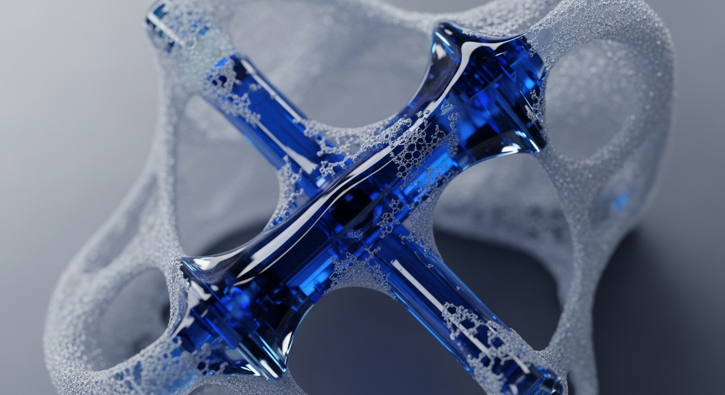 A vivid blue, reflective X-shaped crystalline structure is enveloped by an intricate, porous light-grey matrix. The surface of the grey structure exhibits a granular, bubbly texture where it meets the blue core