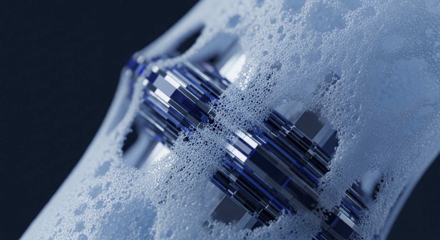 A close-up view reveals a highly detailed, geometrically structured core, featuring alternating blue and silver facets, partially enveloped by a thick, frothy layer of fine bubbles. This intricate assembly is set against a deep, dark background, highlighting the contrast and depth of the foreground elements