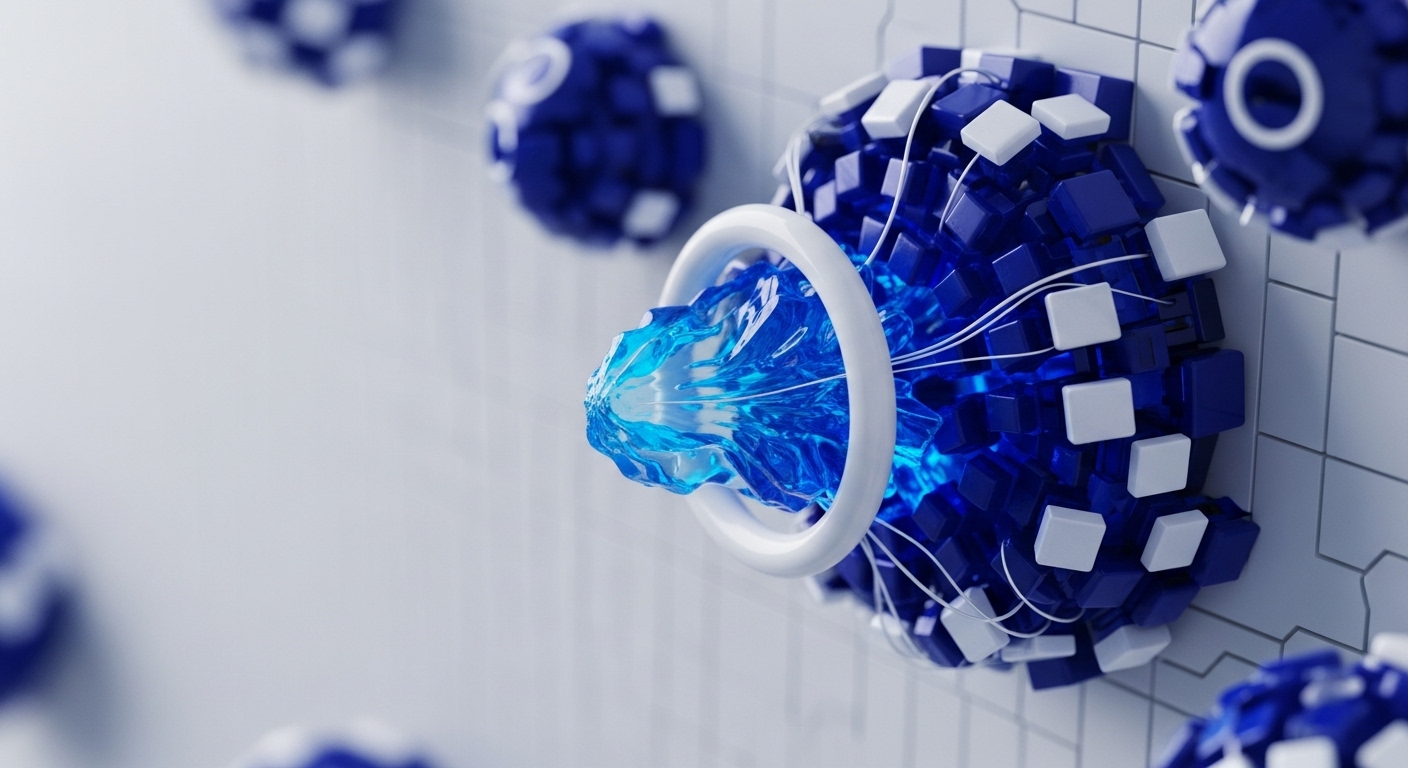 A dynamic abstract composition features a vibrant blue energy stream emanating from a central white ring, surrounded by dark blue and white cubic nodes. These elements are embedded within a white grid, with white lines connecting various components