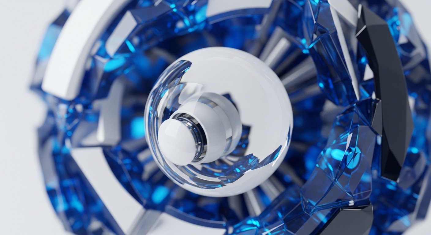 A multifaceted, blue crystalline structure interlocks with sharp white geometric segments, encasing a clear sphere that reveals a metallic core. This visual metaphor delves into the core principles of blockchain technology, illustrating the interconnectedness of nodes and the foundational immutability of the ledger
