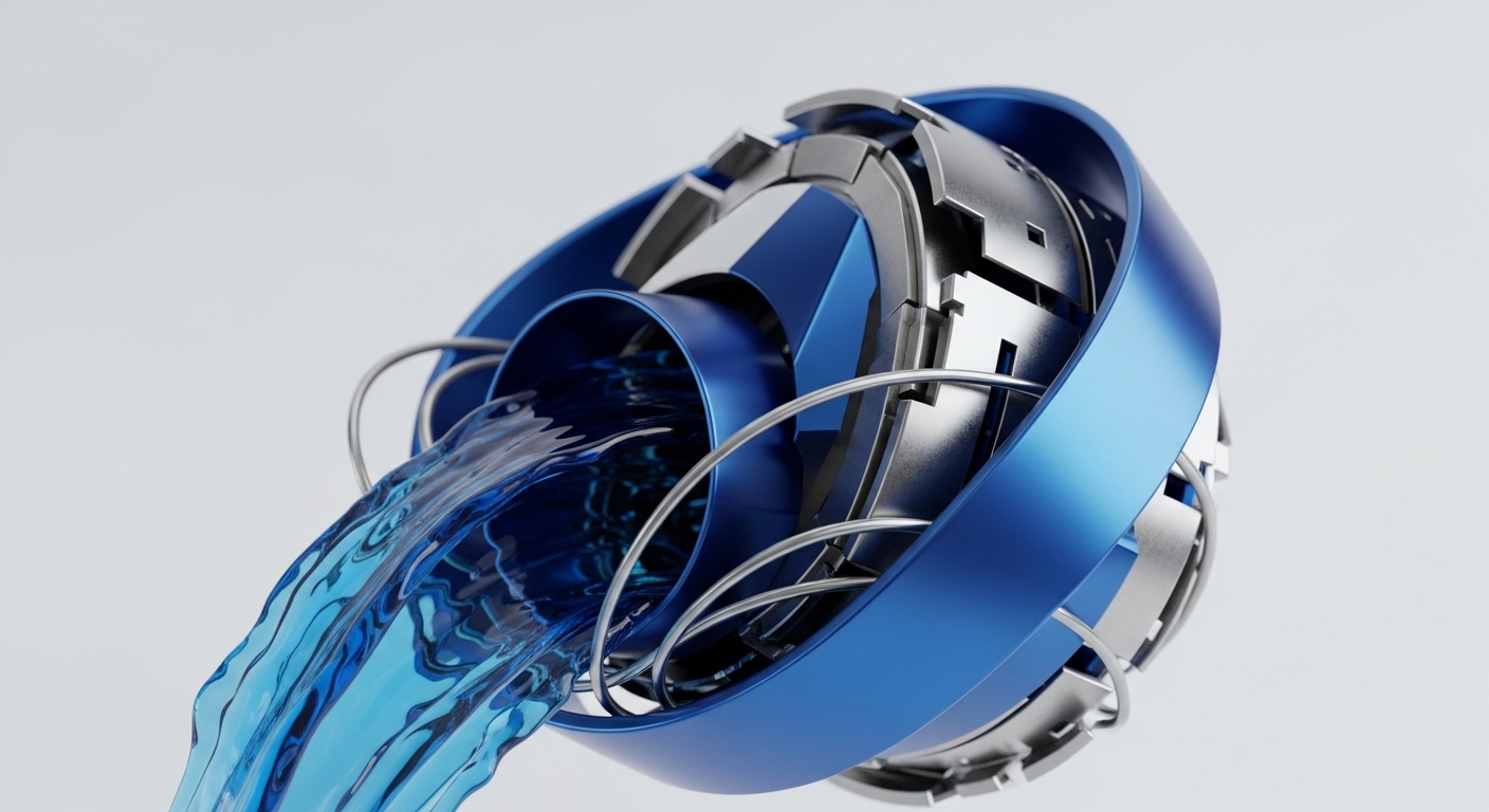 A metallic sphere with intricate blue and silver components expels a cascading stream of bright blue liquid. This abstract representation visualizes the complex yet fluid nature of blockchain operations and the broader cryptocurrency landscape