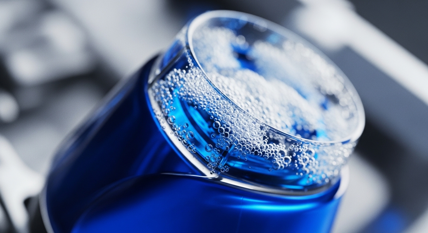 The image captures a detailed perspective of a sleek, reflective blue component, showcasing its transparent upper rim filled with a vibrant blue liquid. Numerous small, white bubbles adhere to the inner glass surface and float within the fluid, creating a dynamic visual