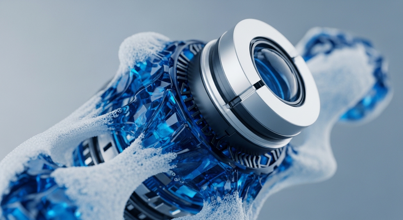 The image displays a close-up of a complex mechanical device, featuring a central metallic core with intricate details, encased in a transparent, faceted blue material, and partially covered by a white, frothy substance. A large, circular metallic component with a lens-like center is prominently positioned, suggesting an observation or interaction point