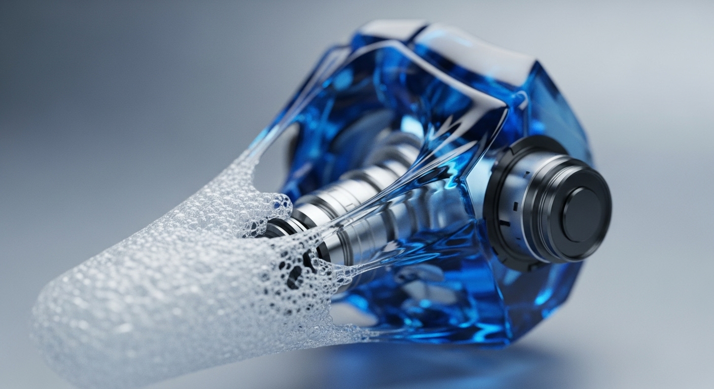 An abstract, high-resolution rendering depicts a sophisticated mechanical device. A translucent, multi-faceted blue shell encloses polished metallic components
