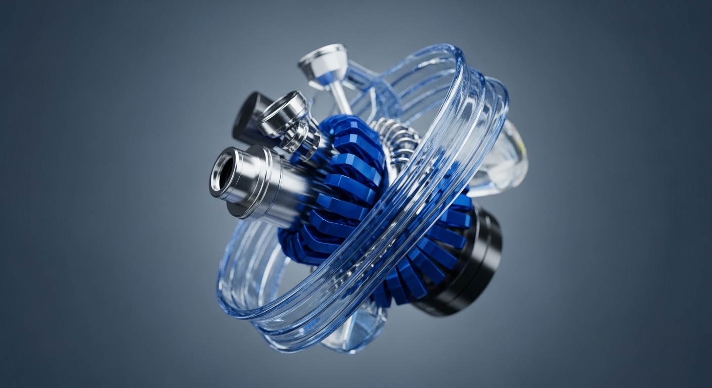 The image presents a meticulously rendered abstract mechanism, featuring polished silver cylindrical components, a prominent blue multi-bladed rotor, and clear, transparent conduits that intricately wrap around the central elements. These components are dynamically arranged against a smooth, gradient dark grey background, highlighting their interconnectedness