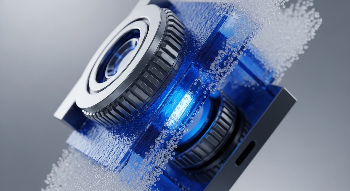 A high-tech, angular device featuring metallic elements and a luminous blue core is depicted, surrounded by a dynamic stream of translucent particles. The central structure comprises interlocking metallic rings and a transparent blue segment, through which light emanates intensely