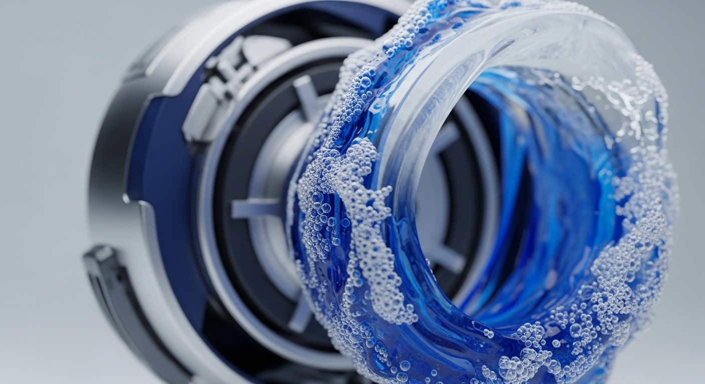 A close-up view reveals a sophisticated metallic circular mechanism partially encased by a dynamic, bubbling blue fluid. The fluid appears to flow and churn with numerous small, white bubbles