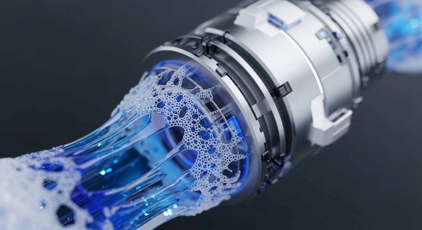 A sleek, futuristic metallic conduit houses a vibrant blue, effervescent liquid. This represents a high-throughput blockchain protocol actively processing digital asset transfers. Intricate bubble formations within the fluid suggest complex cryptographic proofs and hashing algorithms at work, ensuring data integrity across a decentralized ledger. The illuminated interior emphasizes continuous transaction throughput and the robust nature of the underlying consensus mechanism. The visual conveys efficient, secure, and scalable on-chain data movement.