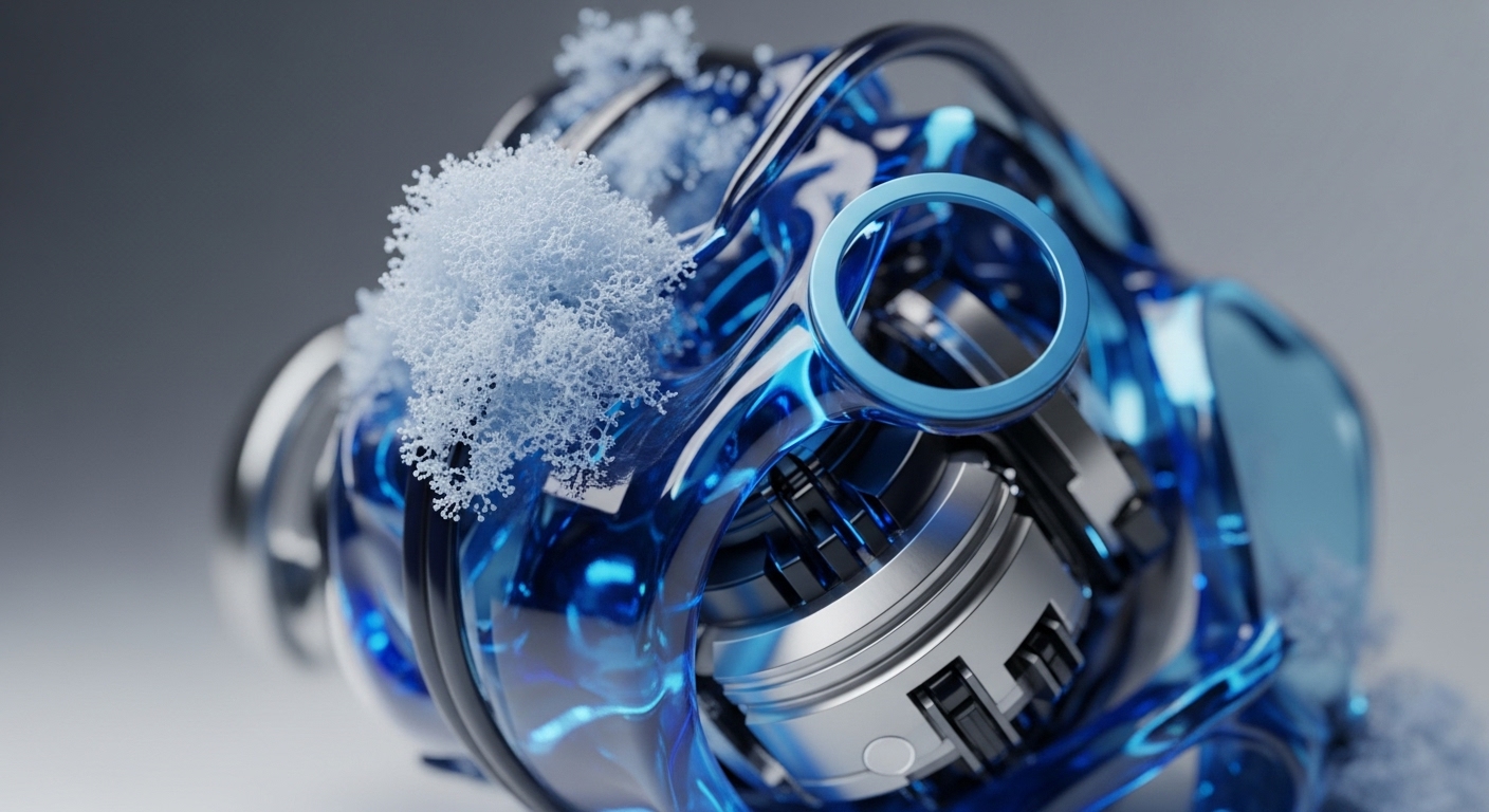 The image showcases a high-resolution, close-up perspective of a sophisticated, translucent blue and silver mechanical assembly. White, intricate fractal patterns, resembling delicate digital growth, are prominently displayed across its glossy surfaces and metallic components