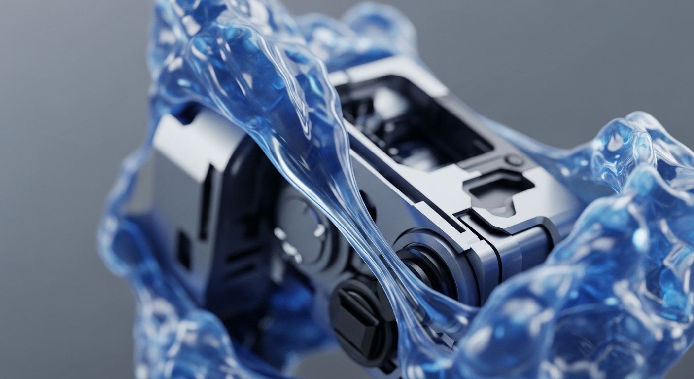A metallic, multi-component device, featuring various interlocking grey and black elements, is partially submerged in or surrounded by a translucent, vibrant blue fluid. The fluid exhibits a dynamic, almost viscous texture, appearing to flow around and interact with the structured surfaces of the device