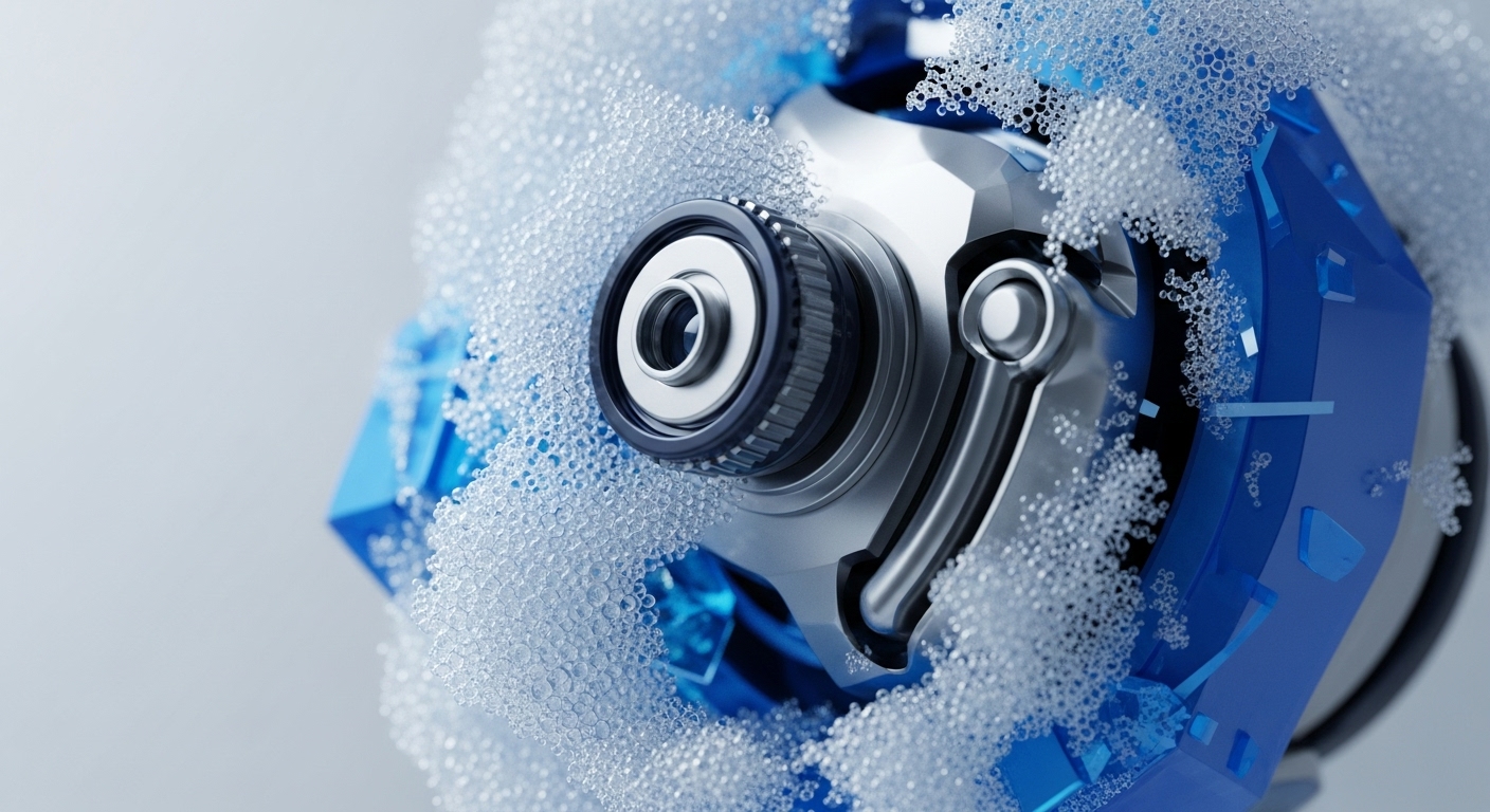 A highly detailed image showcases a sophisticated metallic device, featuring a central lens-like element and a lever, enveloped by numerous transparent, bubble-like spheres. Behind this intricate mechanism, a faceted, translucent blue structure is visible against a bright, clean background