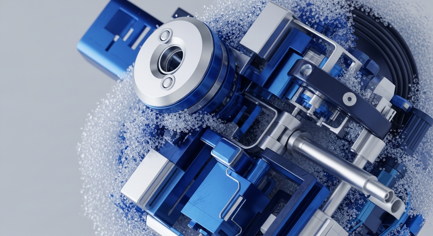 The image displays an abstract, highly detailed mechanical assembly rendered in vibrant blue and polished silver, surrounded by countless transparent, spherical particles. Various interlocking components, cylindrical shafts, and structural plates form a complex, interconnected system
