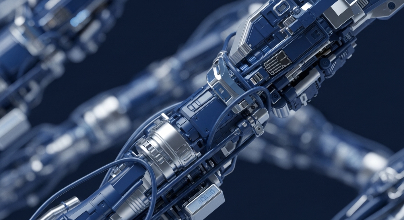 A detailed view showcases a complex mechanical assembly, featuring deep blue panels and polished silver components intertwined with cabling. The foreground element is sharply in focus, while similar structures recede into a blurred, dark blue background, emphasizing intricate engineering and interconnectedness