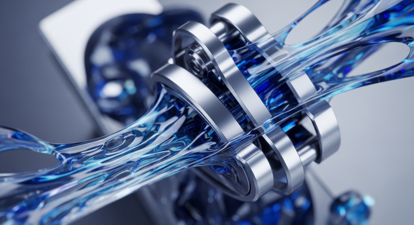 A sophisticated metallic mechanism features multiple silver rings, through which a vibrant, translucent blue substance flows in complex, intertwined streams. The abstract composition highlights the dynamic interaction between the metallic structures and the fluid, suggesting a process of controlled movement and transformation