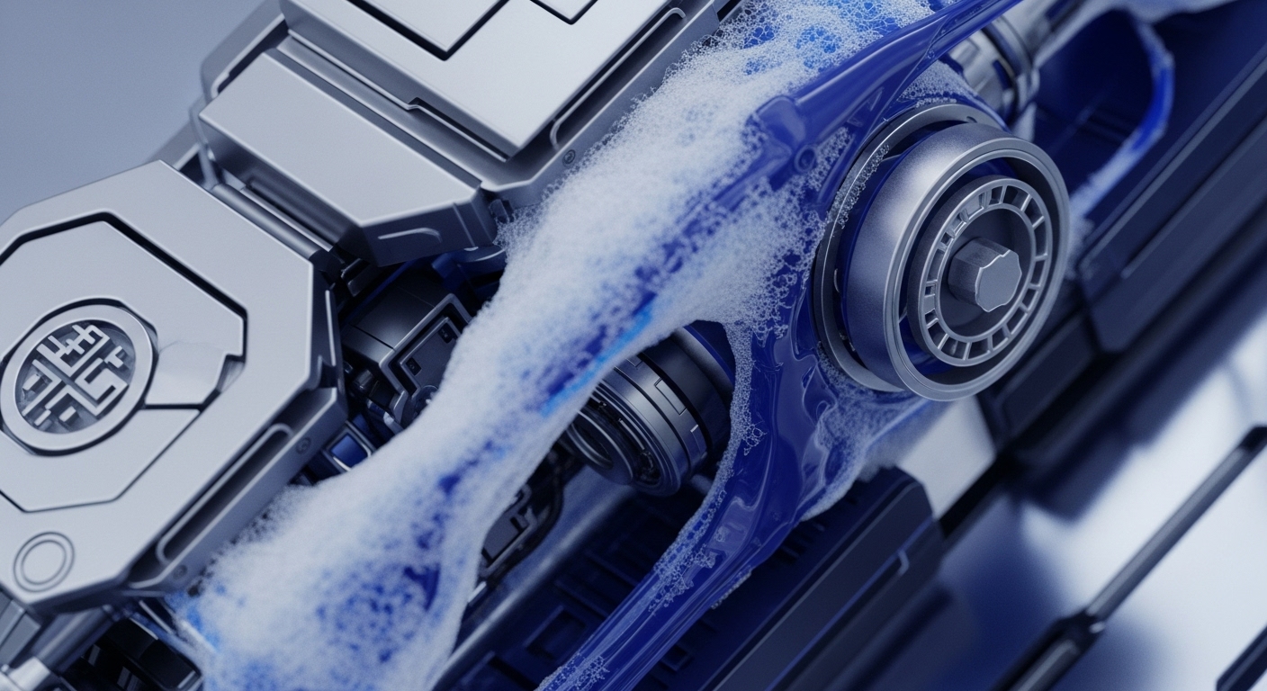 A detailed close-up reveals a complex, futuristic mechanical assembly composed of brushed metallic segments. Integrated within this structure is a vibrant blue, translucent substance, flowing and covered with a layer of delicate white foam or bubbles