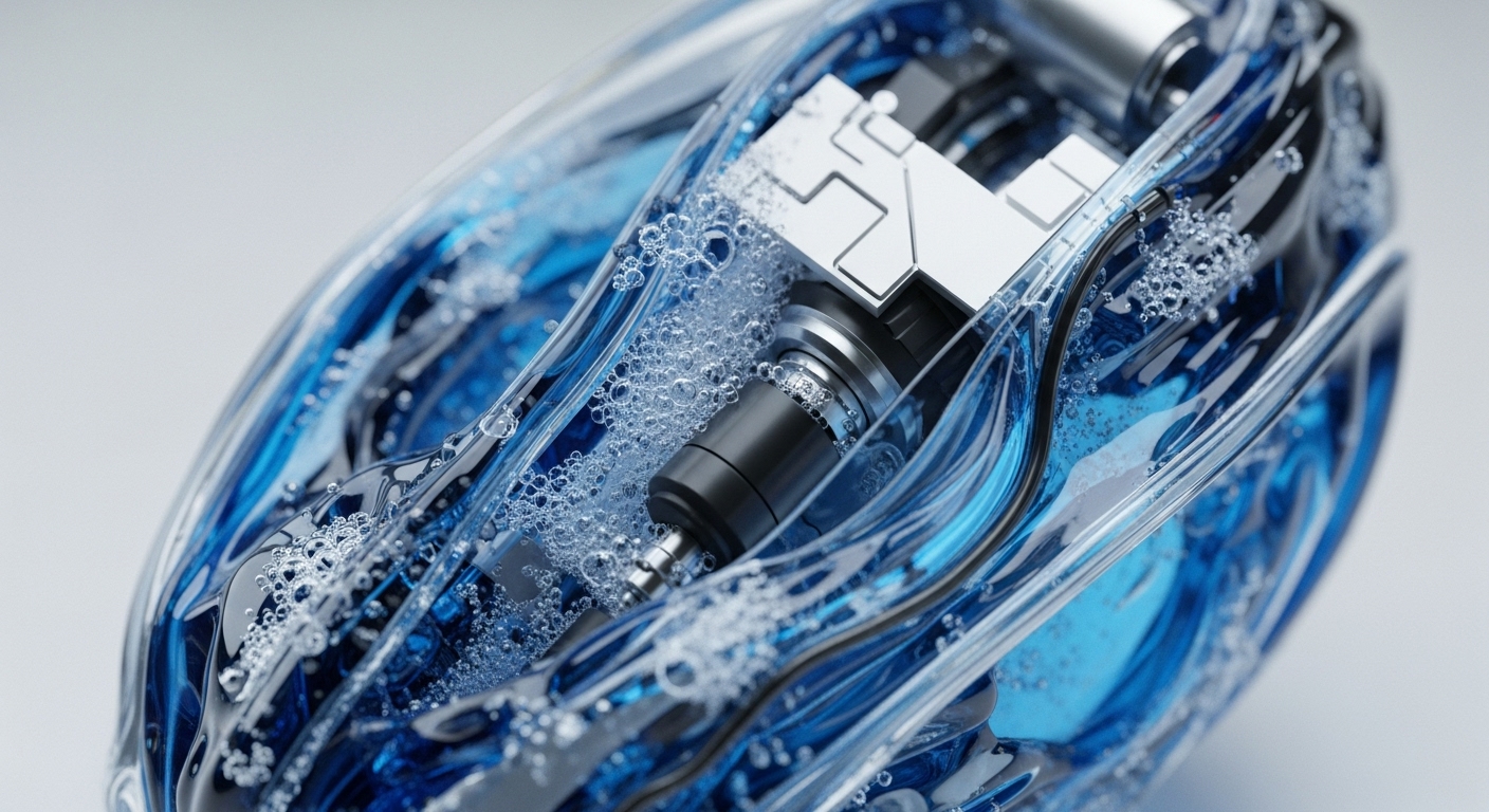 A transparent, intricately designed casing encloses a dynamic blue liquid filled with numerous small, sparkling bubbles. Within this active fluid, a precise metallic and dark mechanical component is visible, suggesting a sophisticated internal operation