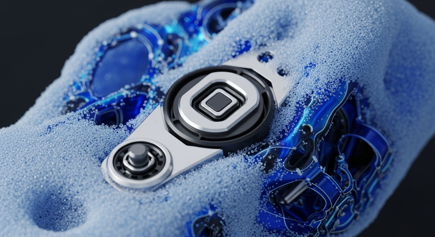 A sophisticated metallic assembly, comprising interconnected silver and black geometric elements and visible bearings, is depicted partially submerged within a pale blue, granular substance. Beneath this textured surface, an intensely luminous electric blue network, characterized by intricate, flowing patterns, suggests a foundational digital architecture