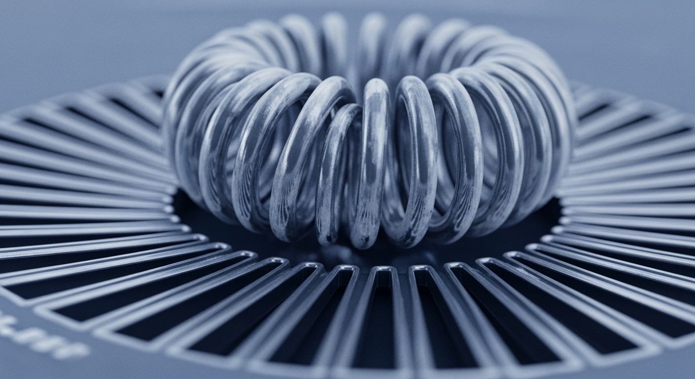 A metallic, toroidal winding, composed of multiple polished loops, rests precisely on a circular, radial fin array. The symmetrical arrangement of both components, rendered in cool blue-grey tones, highlights their structured and interconnected nature