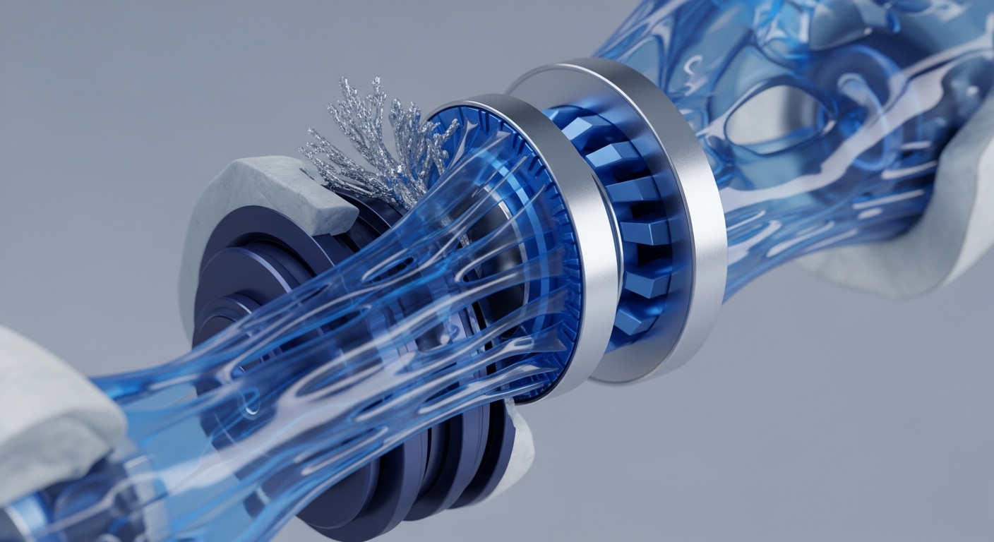 A futuristic digital asset conduit with translucent blue data streams flows through intricate mechanical components. Dark blue turbine-like structures with internal fins are visible, alongside polished silver metallic rings and white textured elements, complemented by silver crystalline structures on the left