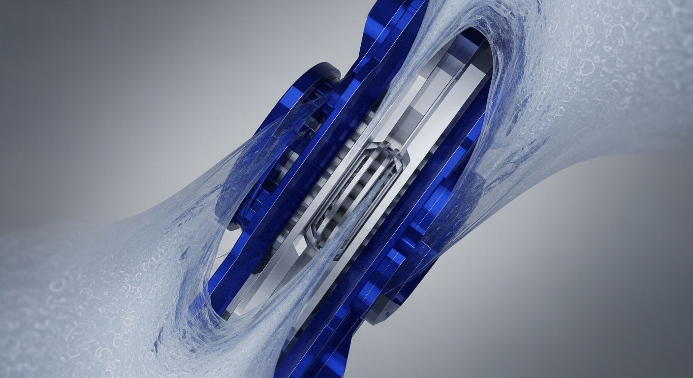 A dynamic abstract composition features a metallic central core, flanked by angular, reflective blue structures, all enveloped within a translucent, textured flow of light blue and white. This intricate interplay suggests a sophisticated system in motion against a gradient gray background