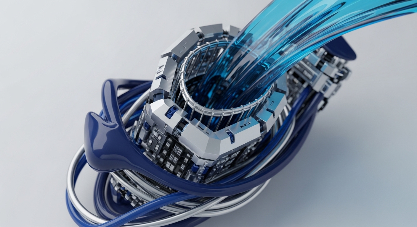 The visual depicts a stylized, metallic structure with intricate geometric patterns, resembling a sophisticated processing unit or network node. A dynamic stream of translucent blue liquid pours into its central aperture, representing the flow of digital assets or cryptocurrency