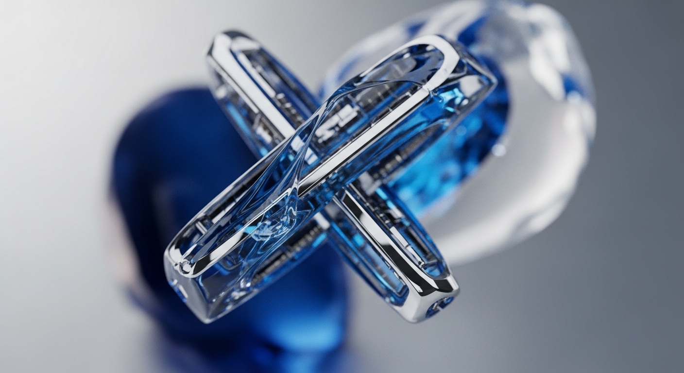 The image displays two translucent blue-tinted structures with reflective metallic edges intersecting prominently against a blurred grey and blue background. Internal components are visible through the transparent material, suggesting intricate mechanical or digital workings