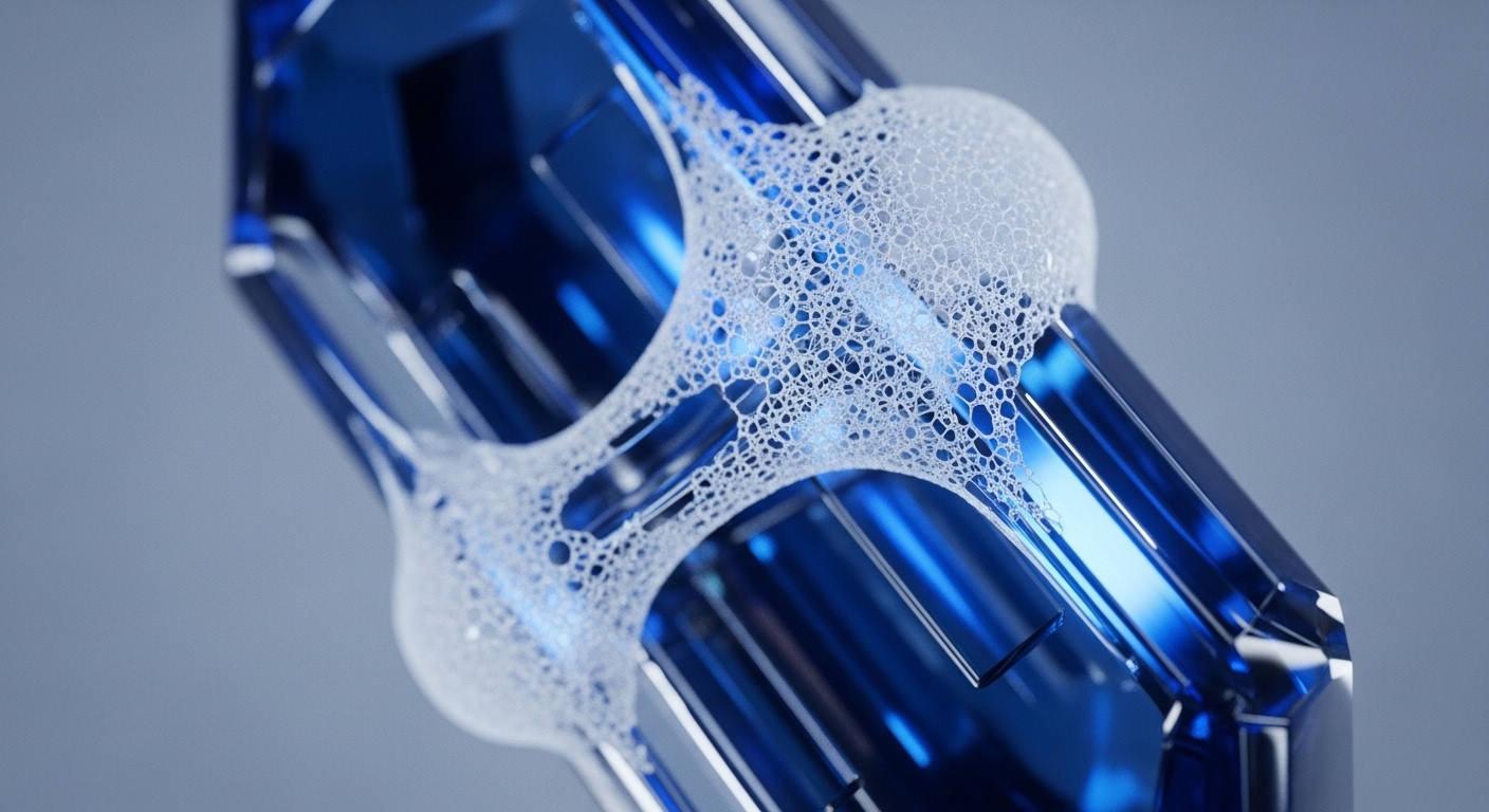 A blue, multifaceted crystalline object is intricately intertwined with a white, frothy, web-like network of bubbles, forming a visually compelling abstract representation. This intricate arrangement symbolizes complex blockchain protocol interoperability and robust decentralized network architecture