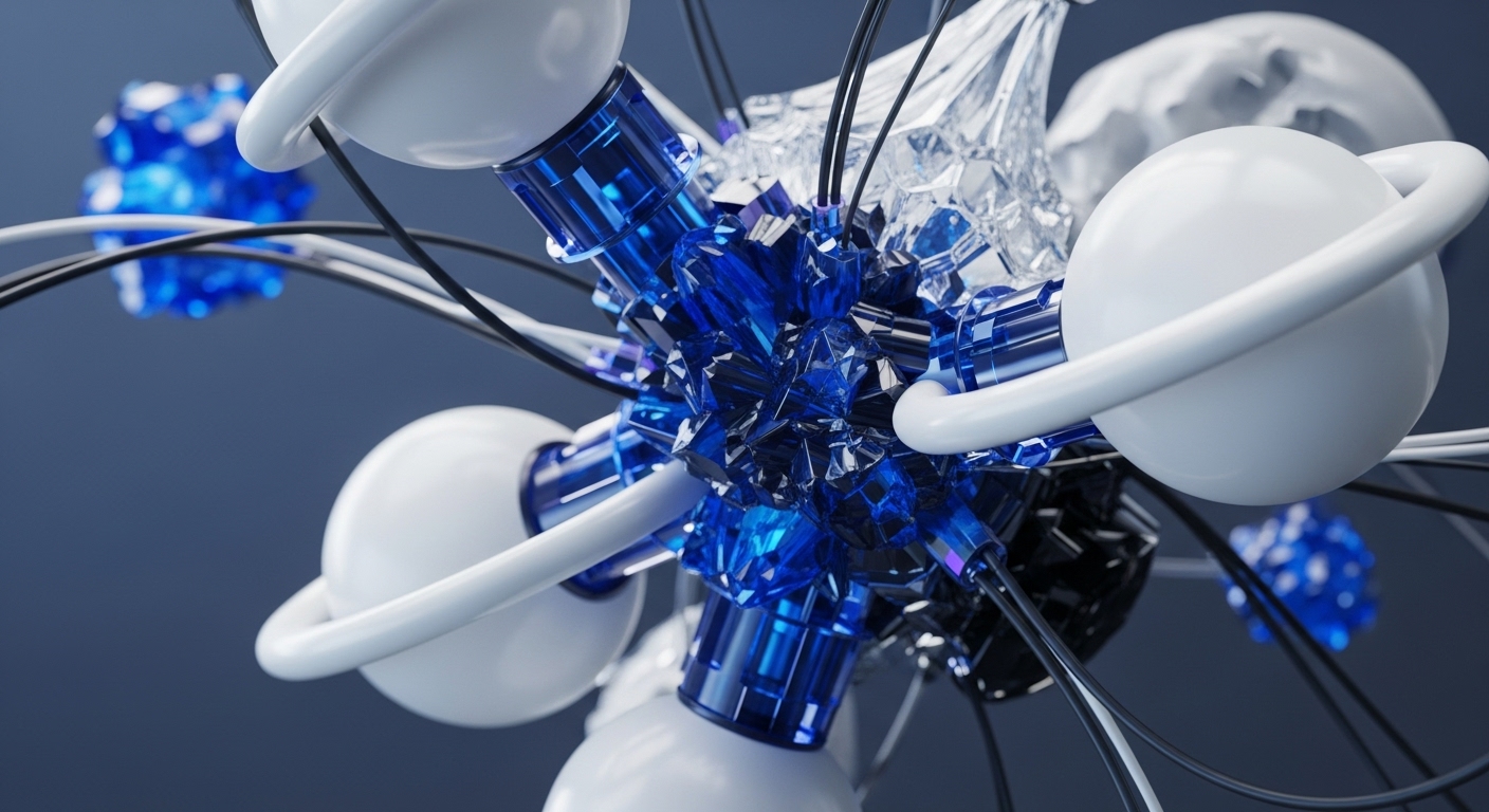 An abstract, intricate structure showcases a central cluster of brilliant blue crystalline shapes, flanked by clear faceted forms and smooth white spheres encircled by rings. Black and white wires, alongside translucent blue conduits, interconnect these components against a deep blue background
