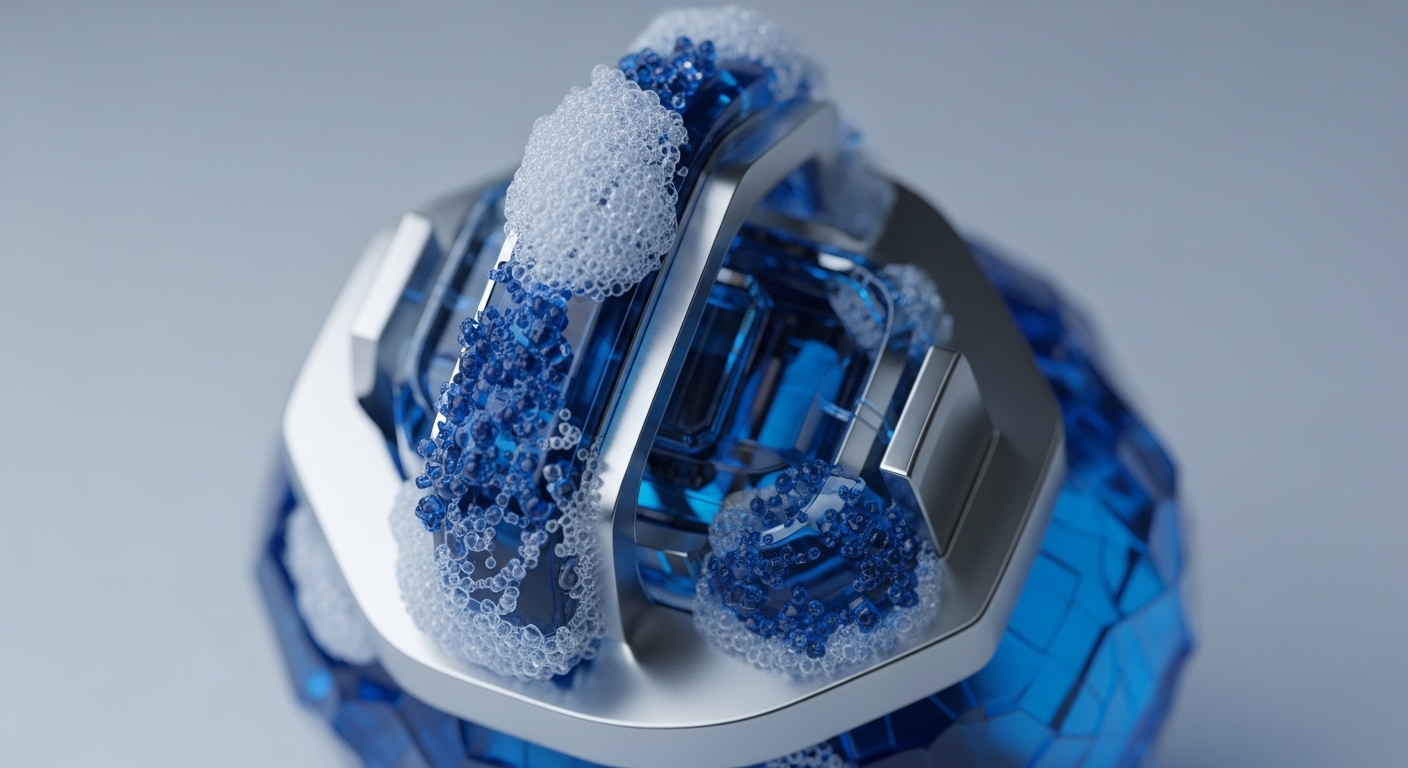 A sophisticated metallic framework encases a luminous blue, faceted core, adorned with clear and deep blue spherical components. This intricate visualization serves as a powerful metaphor for advanced blockchain architecture and its underlying consensus mechanisms
