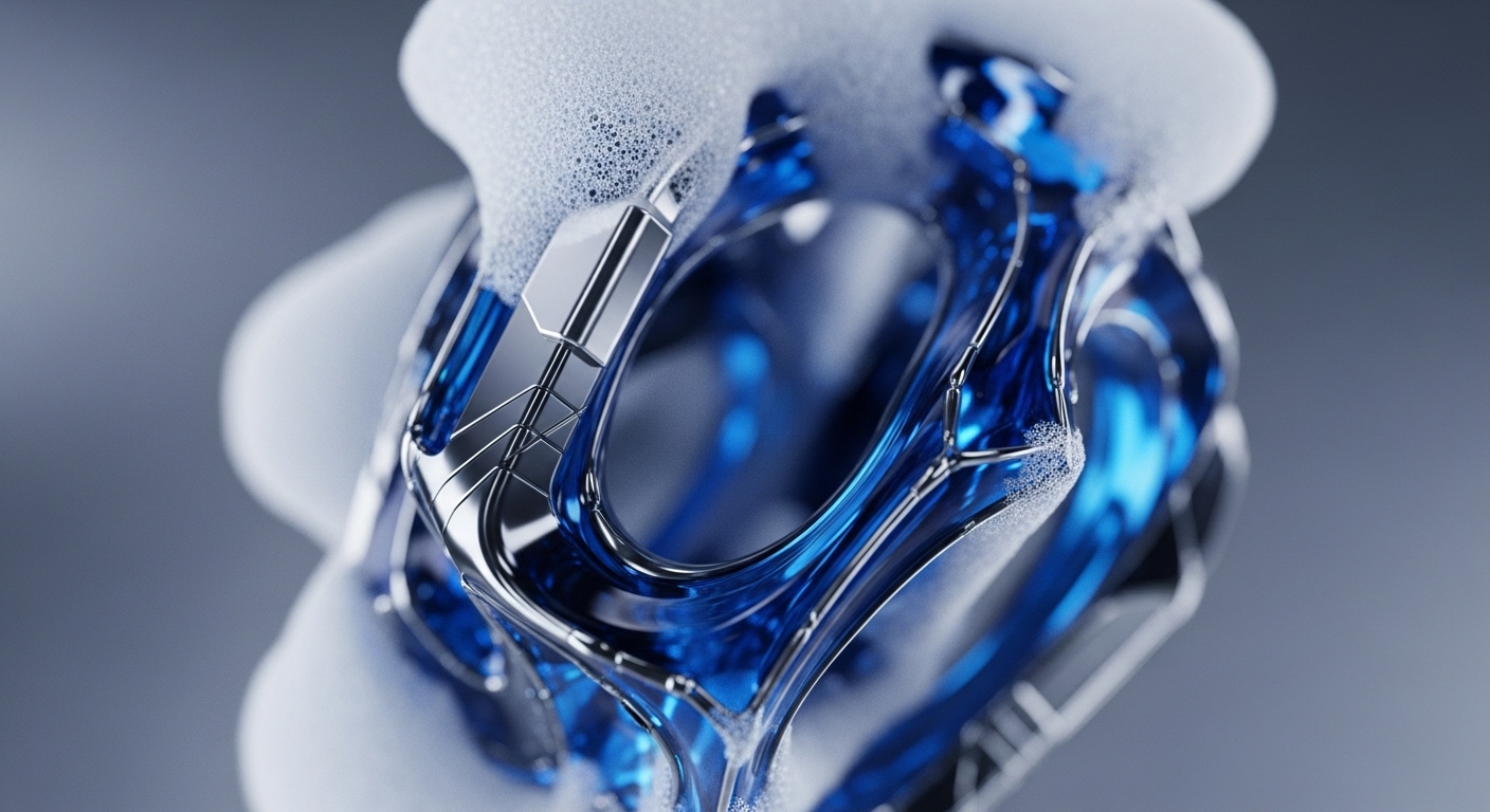 A gleaming metallic and translucent blue structure, partially enveloped in fine white foam, represents the intricate core of decentralized ledger technology. The robust framework signifies blockchain architecture, providing a secure foundation for digital asset processing. Translucent blue elements evoke dynamic on-chain data flow and smart contract execution, illustrating transparency within the protocol layer. The effervescent foam suggests cryptographic hashing processes and transaction validation, emphasizing continuous computational effort maintaining network consensus.