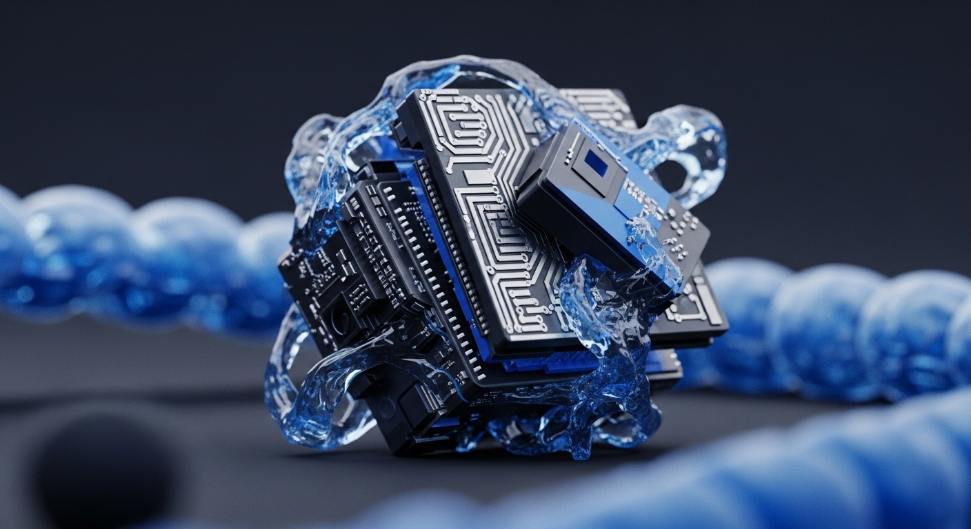 A complex computational module, resembling interconnected circuit boards with subtle blue accents, is encased within dynamic, clear liquid. This central element embodies a decentralized ledger technology node, its intricate protocol layer circuitry signifying robust smart contract execution. The surrounding fluid visualizes on-chain liquidity and efficient block propagation across a distributed network topology. In the blurred background, a chain of translucent blue spheres further illustrates the sequential, immutable nature of a blockchain, emphasizing secure data flow and computational integrity.