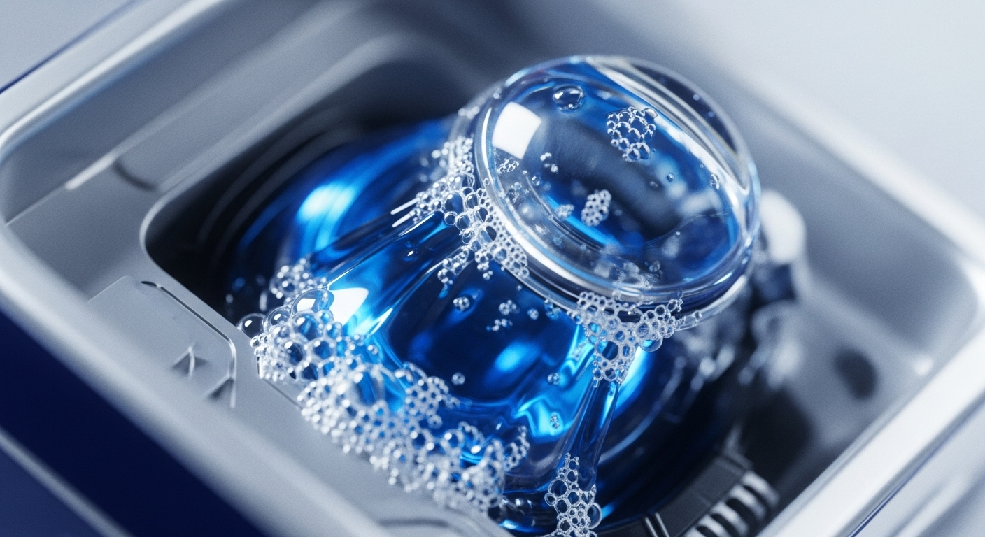 A close-up view shows a grey, structured container partially filled with a vibrant blue liquid, featuring numerous white bubbles and a clear, submerged circular object. The dynamic composition highlights an active process occurring within a contained system